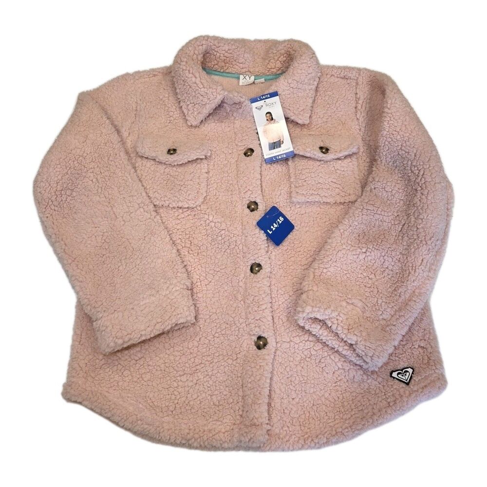 ROXY Girl Fleece Sherpa Shacket Jacket Pink Button Front‎ Pockets Size L